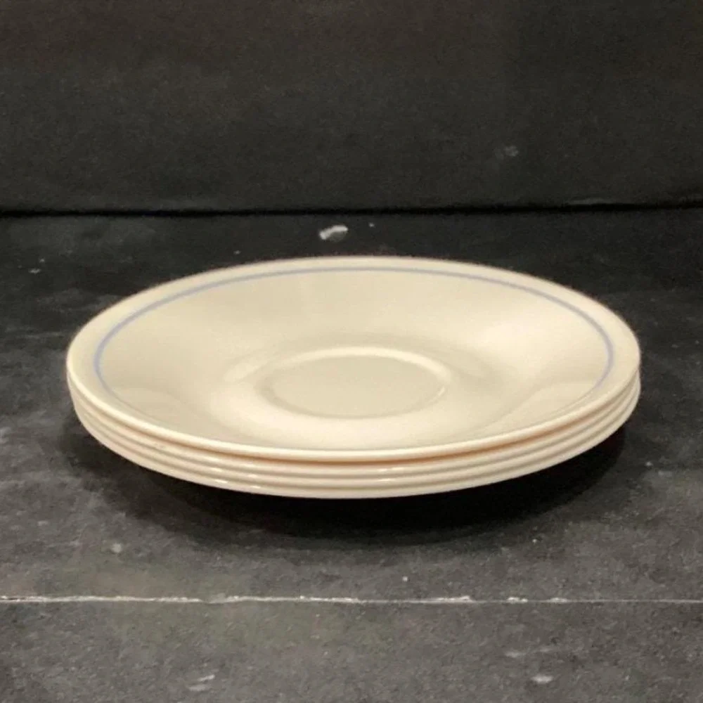 Corelle Corning Needlepoint Coffee Saucers, Set of 4, Vtg Blue Stripe Dinnerware
